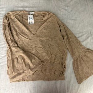 Tan V-Neck Bell Sleeve Sweater